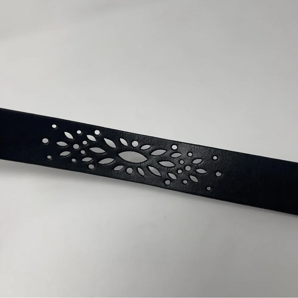 Express Black Cutout Leather‎ Belt | Western Boho Laser Cut | Silver Buckle